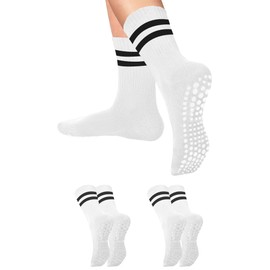 Pilates Grippy Socks with Grips for Women Men Non Slip Anti Skid Sticky Pure Barre Yoga Socks White Cute Crew Length Ideal for Ballet Dance Home Barefoot Workout Hospital Athletic Gripper Womens Socks