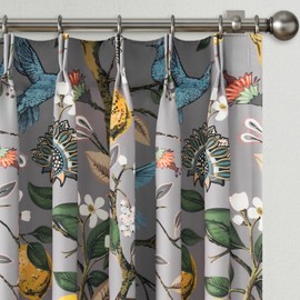 Drapenova Vintage Floral Pinch Pleated Blackout Curtains 84 Inches Long 2 Panels for Bedroom Living Room Grey Flower Patterned Room Darkening Lemon Design Hummingbird Colorful Window Treatments Drapes