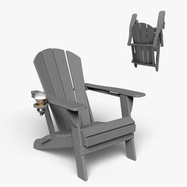 Patio Kingdom Folding Adirondack Chair with Cup Holders, HDPE Plastic Outdoor Chairs, Weather Resistant, Real Wood Look for Patio, Deck, Fire Pit, Backyard, Gray
