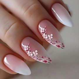 Flower Press on Nails Almond Medium Length Pink White Gradient Acrylic False Nail Pink Floral Pattern Design Full Cover Glossy Press Ons Artificial Stick on Nail DIY Reusable Glue on Nails for Women