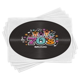 Ambesonne 70s Party Place Mats Set of 4, Music Theme Colorful Stars Flowers Notes Record Vinyl Discography Artwork Print, Washable Fabric Placemats for Dining Room Kitchen Table Decor, Multicolor