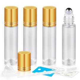 ZEJIA 10ml Roller Bottles for Essential Oils, 4 Pack Glass Roll on Bottles, Refillable Perfume Bottle, with Stainless Steel Roller Balls, 2 Droppers, 1 Opener, Labels (Clear)