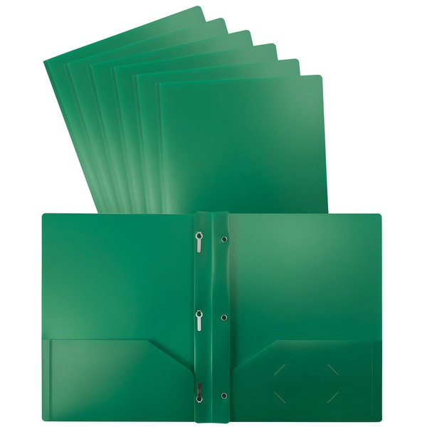 Better Office Products Green Plastic 2 Pocket Folders with Prongs, Heavyweight, Letter Size Poly Folders, 24 Pack, with 3 Metal Prongs Fastener Clips, Green