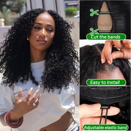 V Part Wig Human Hair Kinky Curly U Part Wig for Women Jerry Curly Glueless Upgrade Clip in Half 180% Density No Leave Out No Sew in Natural Color 16Inch