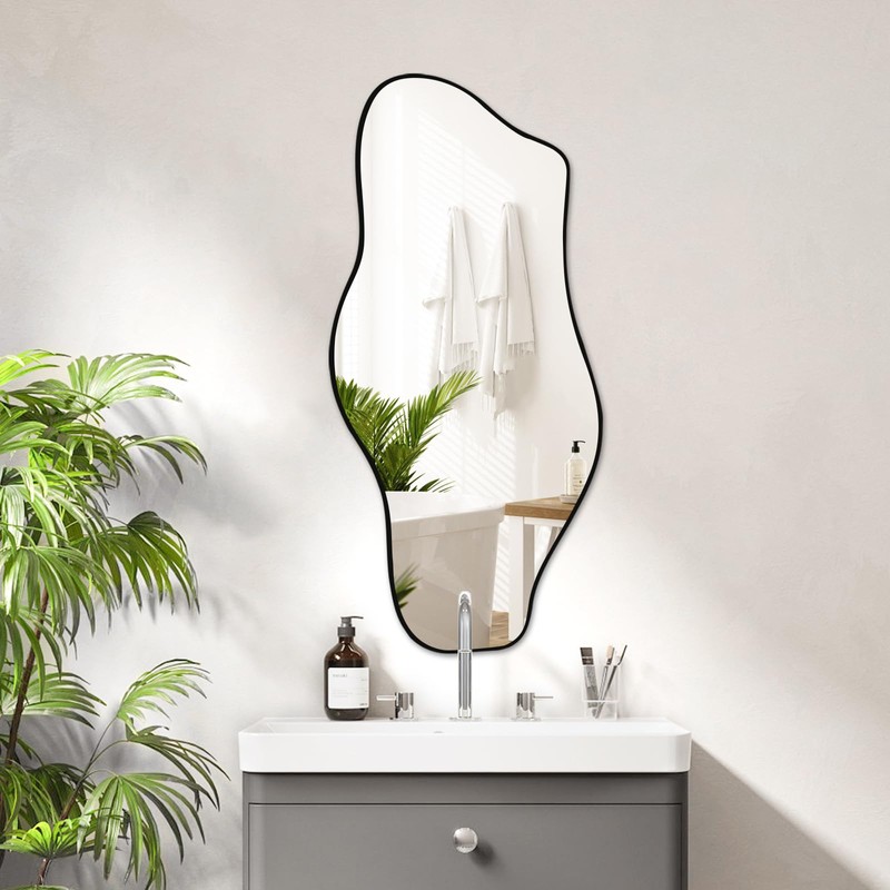 Jesmaikor Large Irregular Wall Mirror, 47.2"x21", Black Asymmetrical Modern Oblong