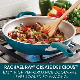 Rachael Ray Create Delicious Skillet with Helper Handle, 14.5-Inch Nonstick Frying Pan, Teal Shimmer