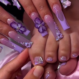 Flower Press on Nails Purple Press on Toenails Long Square Fake Nails French Tip Glue on Toenails with Rhinestone Design Glossy Full Cover Butterfly Stick on Toes for Women Manicure 48Pcs