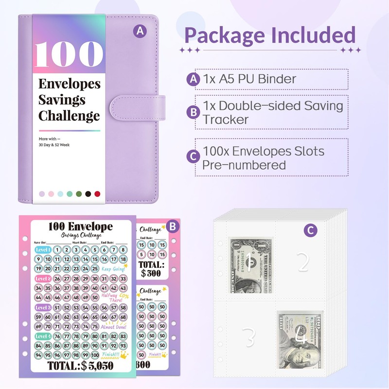Sooez 100 Envelopes Money Saving Challenge, Savings Challenges Book with