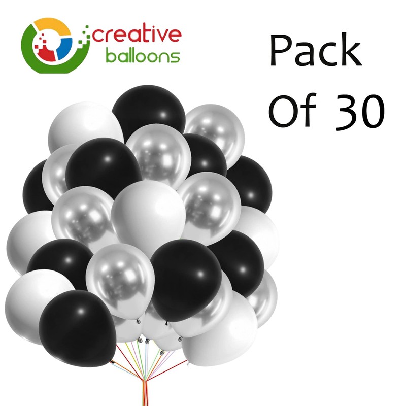 12" Latex Vibrant White, Black, Silver Colour Combination Plain Balloons