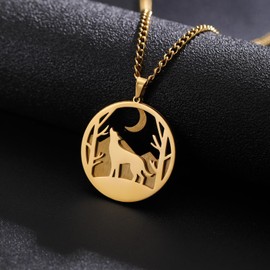 kkjoy Wolf under the Moon Necklace Stainless Steel Animal in Forest Pendant Necklace Christmas Jewelry Gifts for Women Men