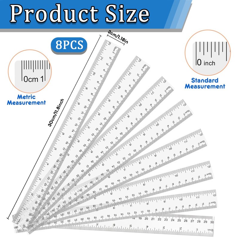 Pack of 8 Rulers 30 cm - 30 cm Transparent