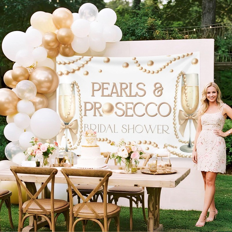 Pearls and Prosecco Bridal Shower Decorations Bow Champagne Pearls Backdrop
