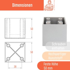F!XBL Cuba Furniture Feet 5 cm High with Felt Gliders Grey Square Set of 4