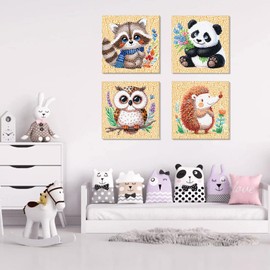 4 Packs 5D Diamond Painting Kits for Kids, Cartoon Animals DIY Diamond Arts Mosaic Kits for Adults Beginners, Full Round Drill Gem Art and Craft for Kids, Crystal Diamond Art for Decor 6X6 inch