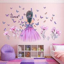 Butterfly Girl Wall Stickers Flower Fairy Wall Decal Pink Floral Wall Mural Colorful Butterflies Wall Decor DIY Removable Vinyl Wall Art for Girls Baby Nursery Bedroom