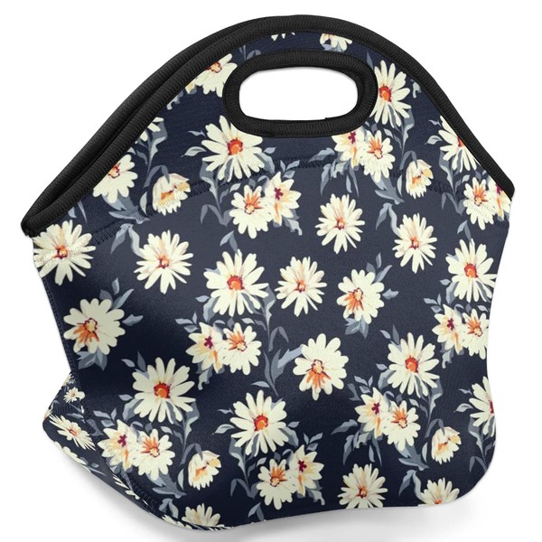 Daisy Flower Pattern Neoprene Lunch Tote Bag Thermal Insulated Lunch