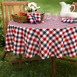 Home Bargains Plus Round Fabric Tablecloth, 70 Inch, Patriotic Gingham, Indoor Outdoor Fabric Table Cover, American Red White and Blue, Barbeque Party