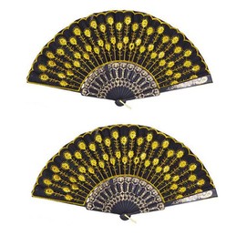 Winture Peacock Hand Fans, Spanish Folding Hand Fan, Flower Dancing Fans,Summer Handheld Folding Fans Party Favors for Girls Women (Yellow, 2 PCS)