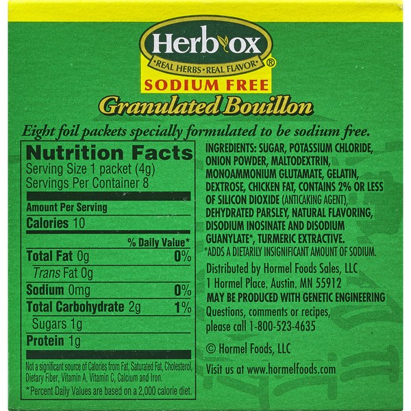 HERB-OX Bouillon - Instant Broth - Granulated - Seasoning - Chicken - Sodium Free - Gluten Free - 1 Box - 8 Packets - 1.2 Ounces