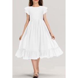 MITILLY Girls Elegant Lace Flower Crew Neck Ruffle Chiffon A-Line Flowy Birthday Party Midi Dress 8 Years White