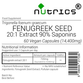 Nutrics® 14400mg Fenugreek Extract V Capsules- 20:1 90% Saponins Strong Extract- Suitable for Vegan Vegetarian Halal & Kosher Diet- 60 Capsules (2 Month Supply)