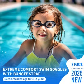 Risipu Kids Swimming Goggles 2 Pack | Bungee Strap No Hair Pulling | Anti Fog & Leak-Proof Design | Toddler Goggles with Quick Adjust | for Ages 3-14 (Black, Blue Black)