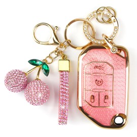 Rayslesan Sparkly Key Fob Cover with Cherry Keychain, Bling TPU Smart Key Case for Women, Compatible with Jeep Wrangler JL JLU Sahara JLU Rubicon Gladiator JT (4-Button, Gold Pink)