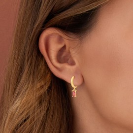 Baguette Drop Huggie Hoop Earrings, Natural Crystal Dangle Drop Earrings, 14K Gold Plated Hypoallergenic Small Hoop Drop Earrings for Women Girls Christmas Gift (Pink)