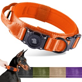 2025 Upgrade Waterproof AirTag Dog Collar, Military Tactical Dog Collar with AirTag Holder, Comfortable Control Handle and Metal Buckle, GPS Dog Collar Holder for Medium to Large Dogs (Orange,L)