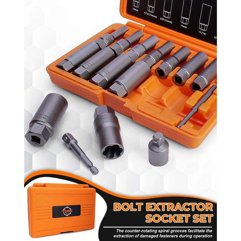 Topme Deep Bolt Extractor Set,16 PCS Impact Bolt & Nut