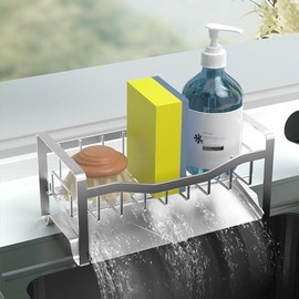 Kitchen Sink Caddy Organizer Sponge Holder for Kitchen Sink with Stainless Steel Auto Drain Tray, Self Drain Dish Soap Sponge Caddy Rack for Kitchen Countertop Storage Gadgets Accessories - Color: Silver