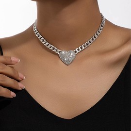 Chunky Gold Zircon Heart Choker Necklace for Women Punk Adjustable CZ Love Statement Necklace Hip Hop Cuban Chain Necklace Jewelry Accessories (Silver)