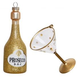 Blown Glass Prosecco Wine Bottle Ornament and Wine Glass Ornament for Christmas Tree
