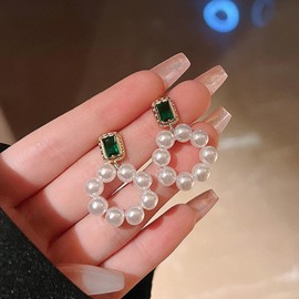 Zeshimb Pearl Beaded Drop Earrings Baroque Pearl Hoop Earrings Faux Pearl Green Emerald Stud Earrings Vintage Silver Pearl Dangle Earrings White Pearl Wedding Earrings Jewelry for Women Girls