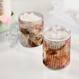 ALAZA 2 Pack Qtip Holder Highland Cow Pink Flower, Cotton Swab Dispenser with Lid Bathroom Containers Canister Organizer Storage Jar