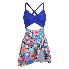 ZAFUL Women Floral One Piece Swimsuit with Skirt Tummy Control Bathing Suit Slimming Swim Dress Modest Swimwear Push Up Cut Out V Neck Swimdresses 2024 Trendy Cute Tie Knot Monokini Blue Floral M
