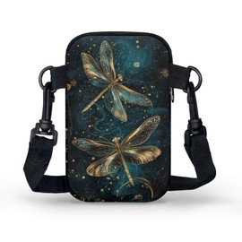 Glorowreny Dragonfly Shoulder Bag for Women Crossbody Portable Small Messenger Bags for Cell Phone Classic Black Zippered Sling Purses with Adjustable Strap