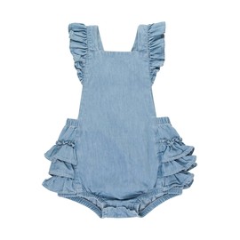 RuffleButts Light Wash Flutter Overall Romper - 18-24m