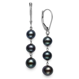 14k White Gold Black Cultured Freshwater Pearl Trio Dangle Drop Earrings