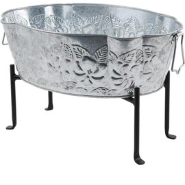 Oakestry Scalloped Oval Metal Tub with Stand – Galvanized Steel Beverage or Storage Bin with Black Finish, Decorative Party Bucket for Drinks, Firewood, or Plants – C-52-S1