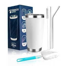Vaso térmico de 20 oz – Acero inoxidable 18/8 con doble pared, mantiene bebidas frías y calientes, incluye 2 popotes de acero, cepillo limpiador, tapa a prueba de fugas y base de fácil agarre (blanco)