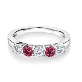 Gem Stone King 925 Sterling Silver White Moissanite and Pink Tourmaline Wedding Band Ring For Women (0.78 Cttw, Round 3.5MM, Gemstone Birthstone, Available In Size 5, 6, 7, 8, 9)