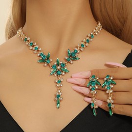 ALRNBY Wedding Jewelry Sets for Brides Rhinestone Necklace and Earring Set Bracelet Ring Gold Silver Prom Jewelry Sets Diamond Flower Teardrop Necklace for Women (Style5-Green)