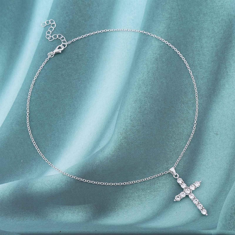 Sparkly Cz Cross Necklace Crystal Cross Pendant Necklace Thin Silver