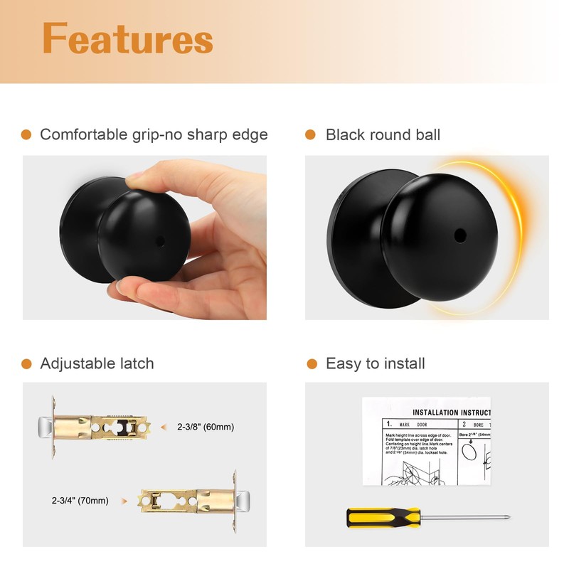 Probrico Privacy Door Knobs Black Matte Privacy Lock, Keyless Standard