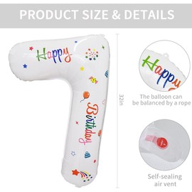 Lumjoy 32 Inch Foil Big Number 7 with Happy Birthday, Large White Digital Balloons 0-9 for Kids Party Birthday and Baby Shower (White, 7)