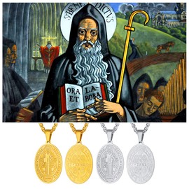 FaithHeart Saint Benedict Amulet Pendant Necklace Christian Patron Saint Protection Medal Round Coin for Men Sacred Charm with Stainless Steel Chain Religious Jewellery Stainless Steel, Stainless