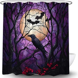 LAEDCIITI Crow Halloween Shower Curtain Purple Stained Glass Black Crows Bats on Vintage Dead Tree Branch Full Moon Spooky Gothic Night Horror Creepy Scary Fabric Bath Curtain with Hook