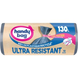 Handy bag Bin Liners, 130 L, Extremely Durable, 80% Recycled Plastic, Practical Cord Closure, 3-Ply, Leak-Proof, 80 x 120 cm