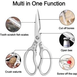 CGBE Kitchen Scissors, Stainless Steel Household Scissors, Heavy Duty, Dishwasher Safe, All-Purpose Scissors, Sharp Cooking Scissors for Kitchen, Chicken, Poultry, Fish, Meat, Herb Silver, Silver